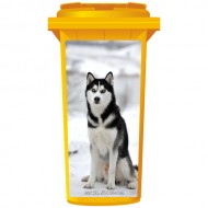 Husky Dog Sitting In The Snow Wheelie Bin Sticker Panel